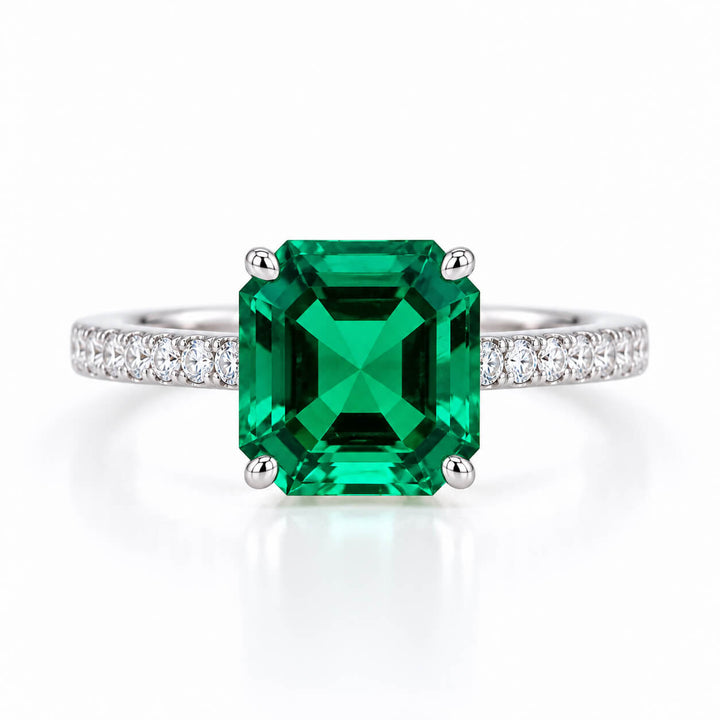 Asscher cut lab grown emerald engagement ring