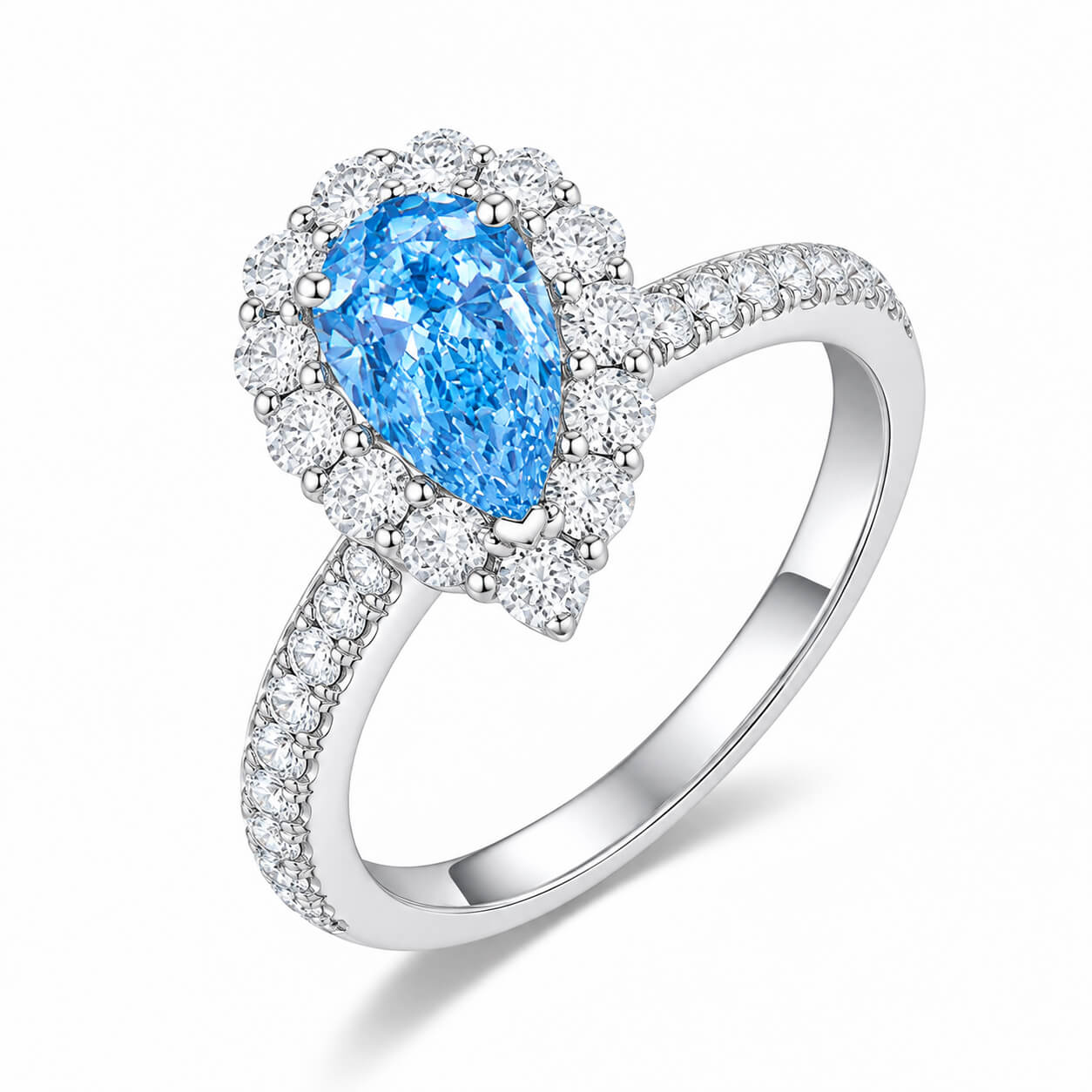 Halo setting pear cut lab grown blue diamond engagment ring