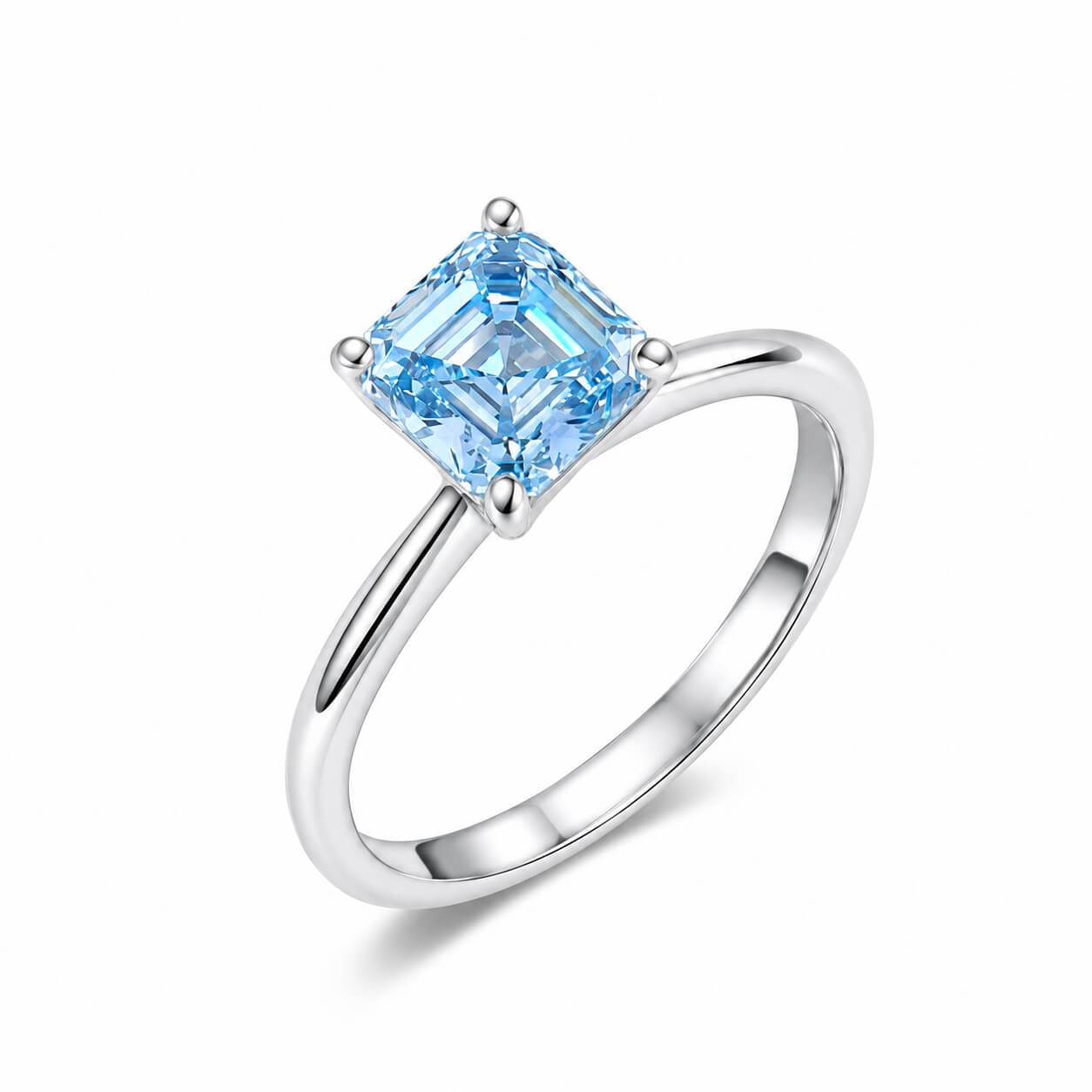 Asscher cut lab grown blue diamond engagement ring