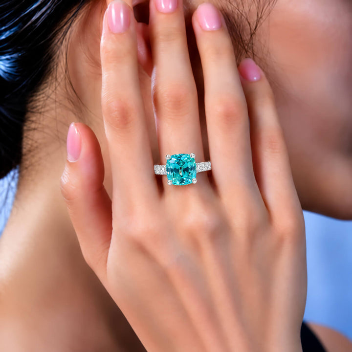 Cushion cut  lab grown Paraiba engagement ring