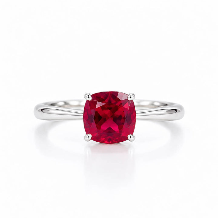 Cushion cut lab grown ruby engagement ring