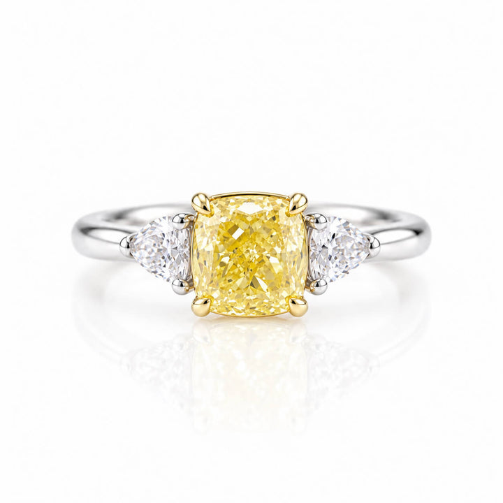 Cushion cut lab grown yellow diamond three stones engagement ring