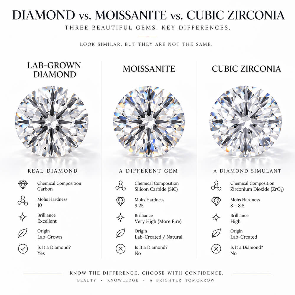 Lab grown diamond vs. Moissanite vs. CZ