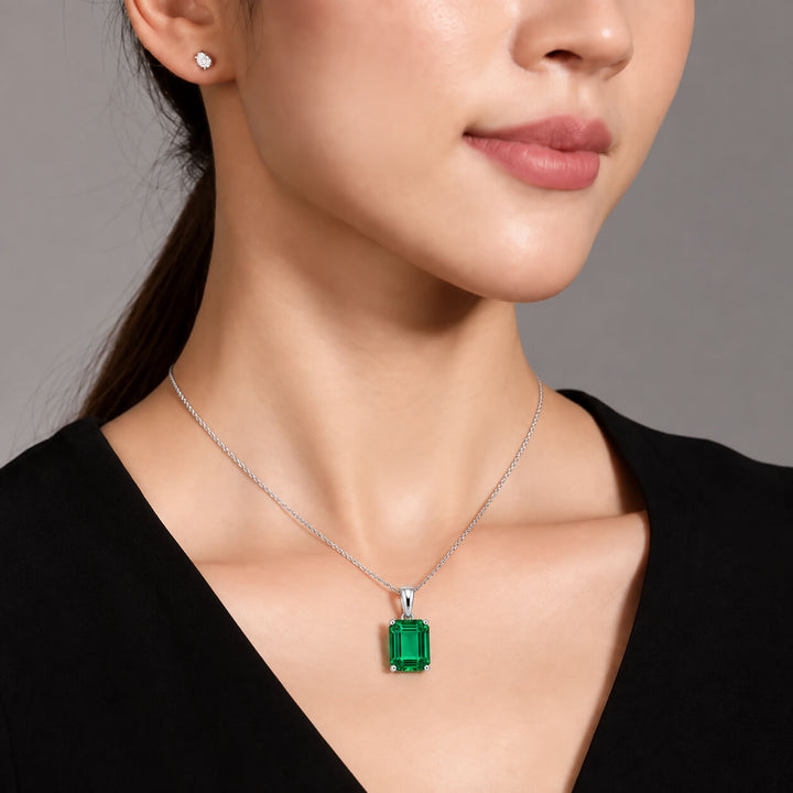 Emerald cut lab grown emerald pendant necklace