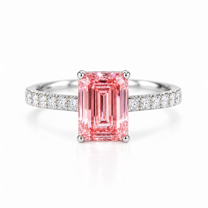 Emerald cut lab grown pink diamond engagement ring
