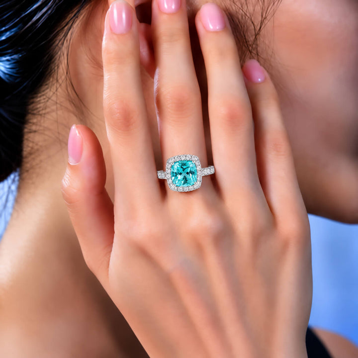 Halo setting cushion cut  lab grown Paraiba engagement ring