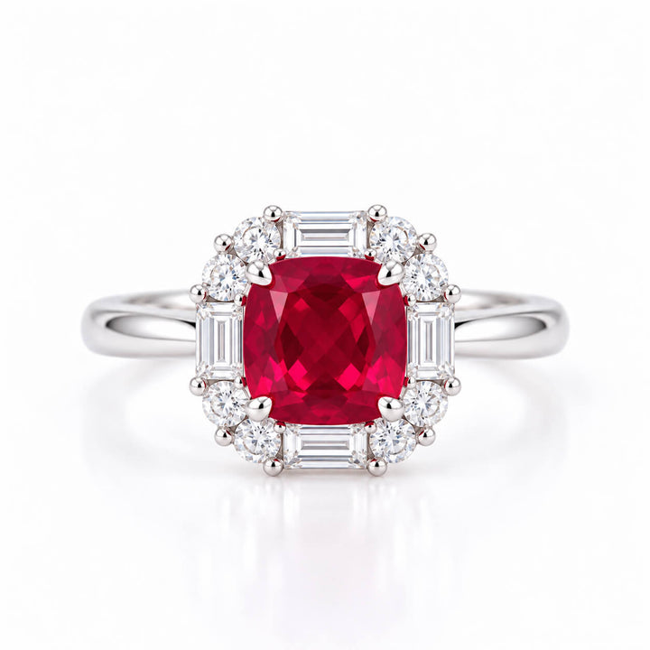 Halo setting cushion cut lab grown ruby engagement ring