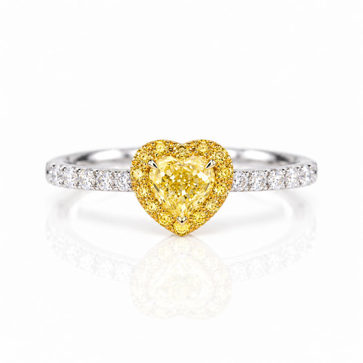 Halo setting heart cut lab grown yellow diamond engagement ring