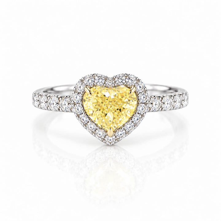 Halo setting heart cut lab grown yellow diamond engagement ring