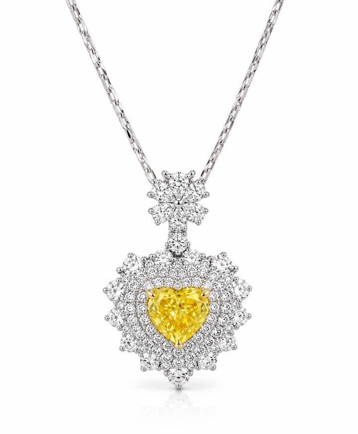 Halo setting heart cut lab grown yellow diamond necklace