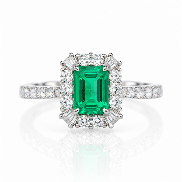Halo setting lab grown emerald engagement ring