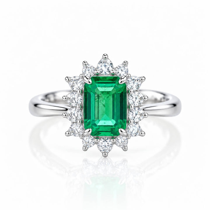 Halo setting lab grown emerald engagement ring