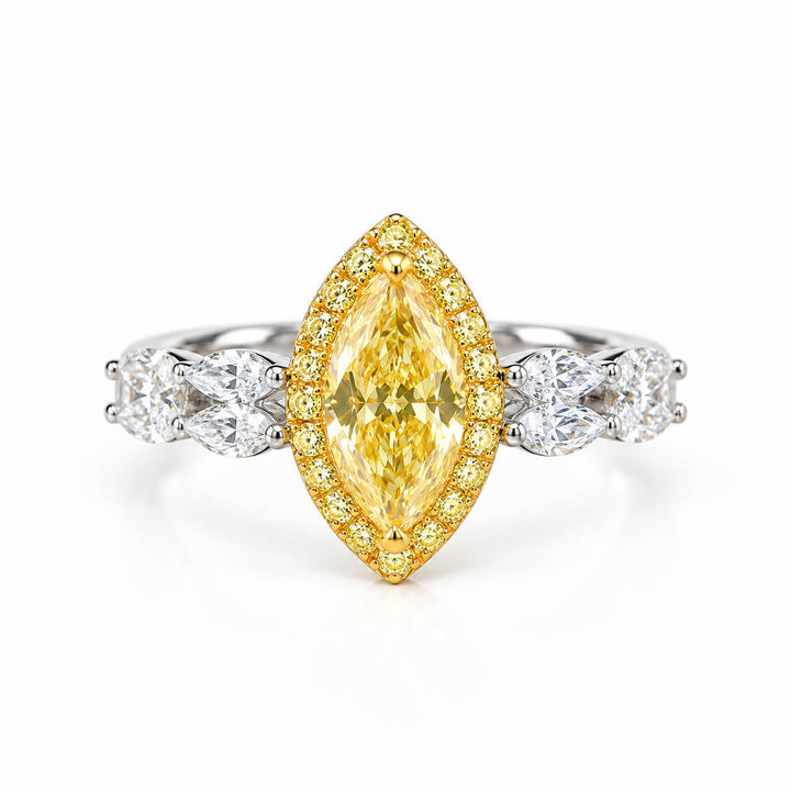 Halo setting marquise cut lab grown yellow diamond engagement ring
