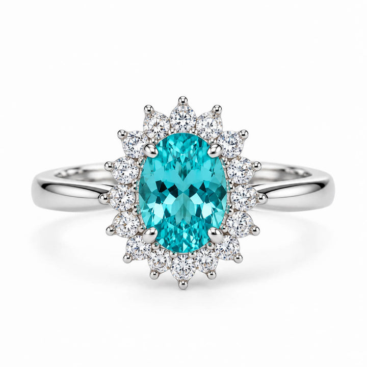 Halo setting oval cut  lab grown Paraiba engagement ring