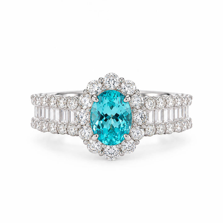 Halo setting oval cut  lab grown Paraiba engagement ring