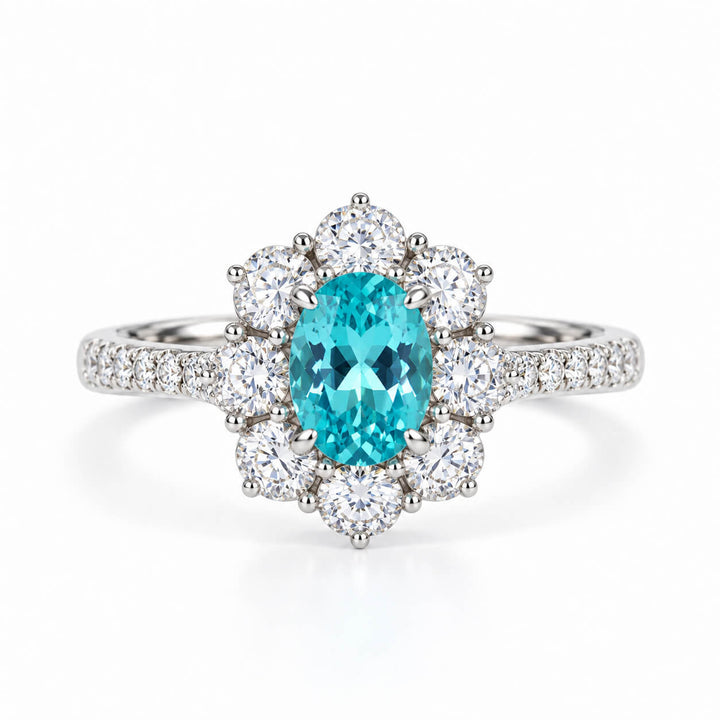 Halo setting oval cut  lab grown Paraiba engagement ring
