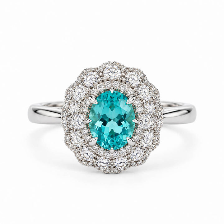 Halo setting oval cut  lab grown Paraiba engagement ring