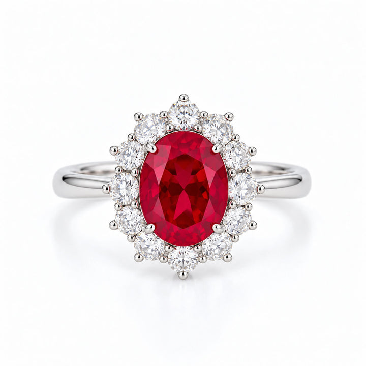 Halo setting oval cut lab grown ruby engagement ring
