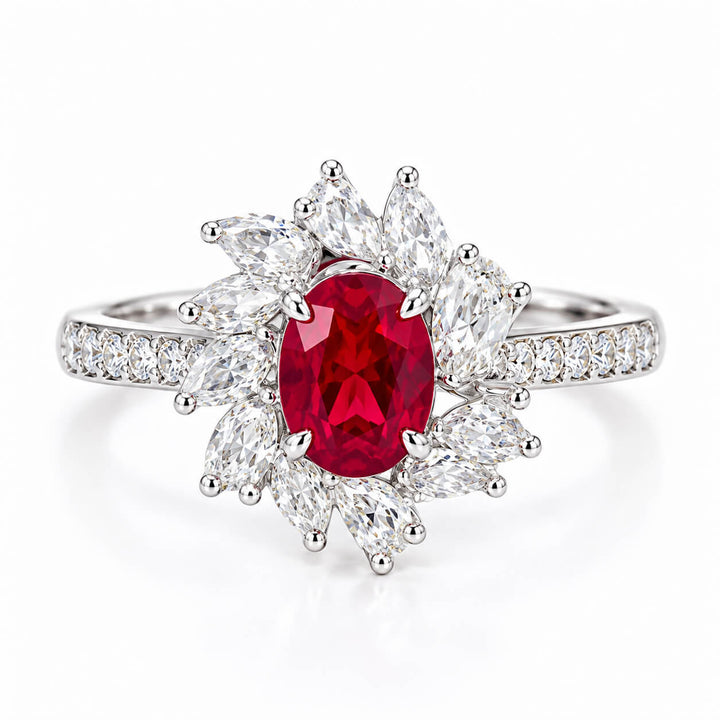 Halo setting oval cut lab grown ruby engagement ring