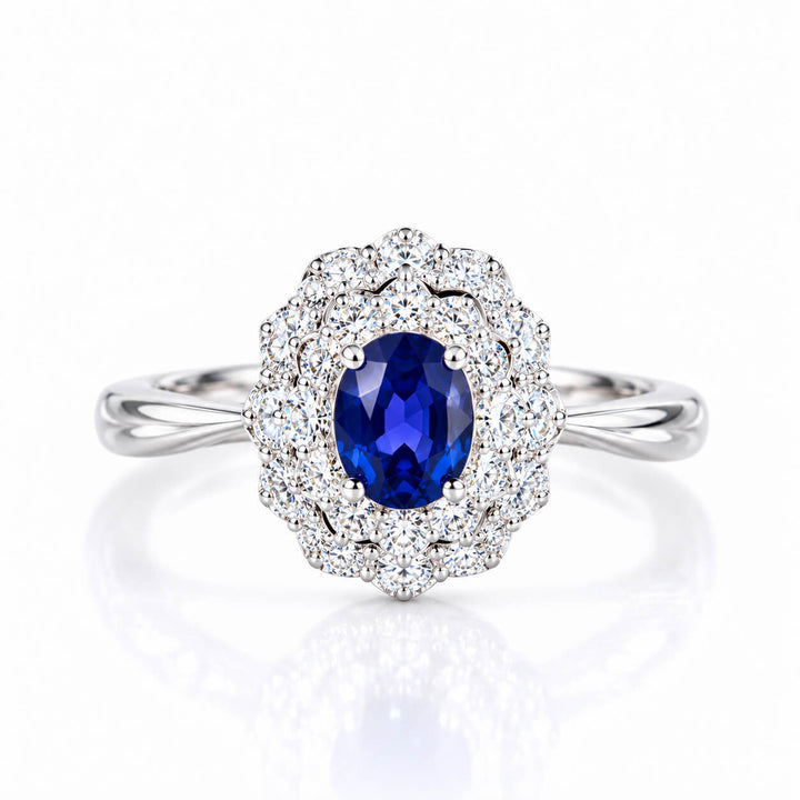 Halo setting oval cut  lab grown sapphire engagement ring