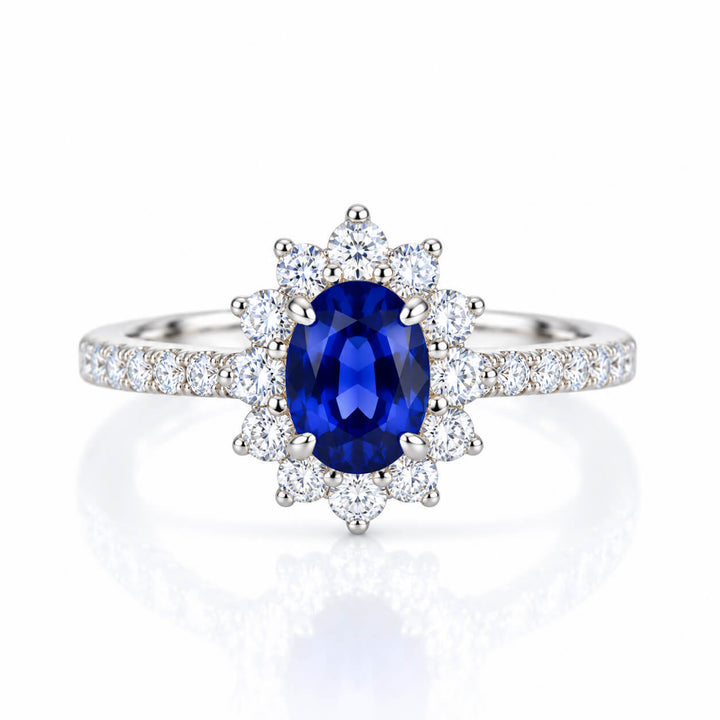 Halo setting oval cut  lab grown sapphire engagement ring