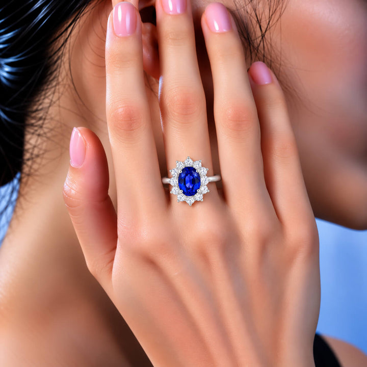 Halo setting oval cut  lab grown sapphire engagement ring