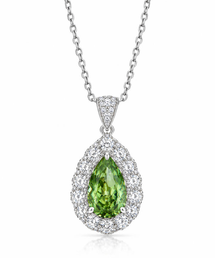 Halo setting pear cut lab grown green diamond pendant necklace