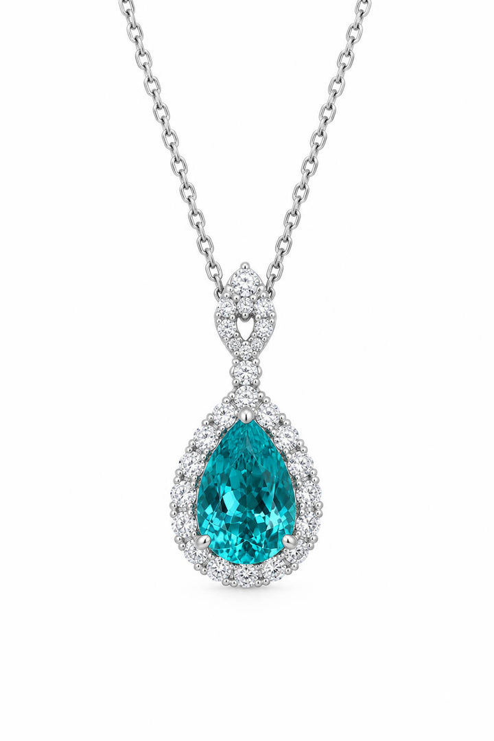 Halo setting pear cut lab grown paraiba pendant necklace