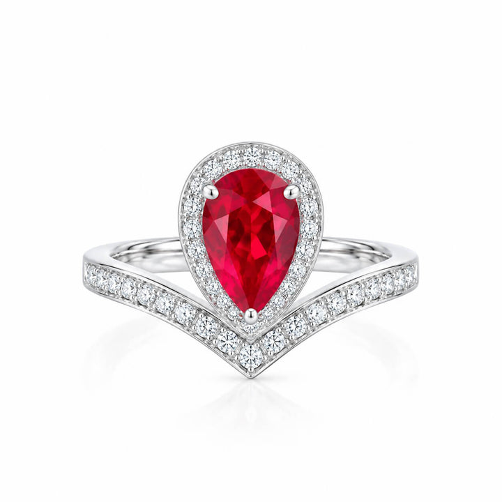 Halo setting pear cut lab grown ruby engagement ring