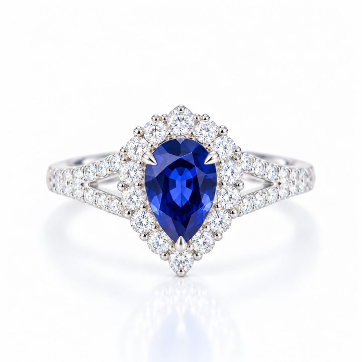 Halo setting pear cut  lab grown sapphire engagement ring