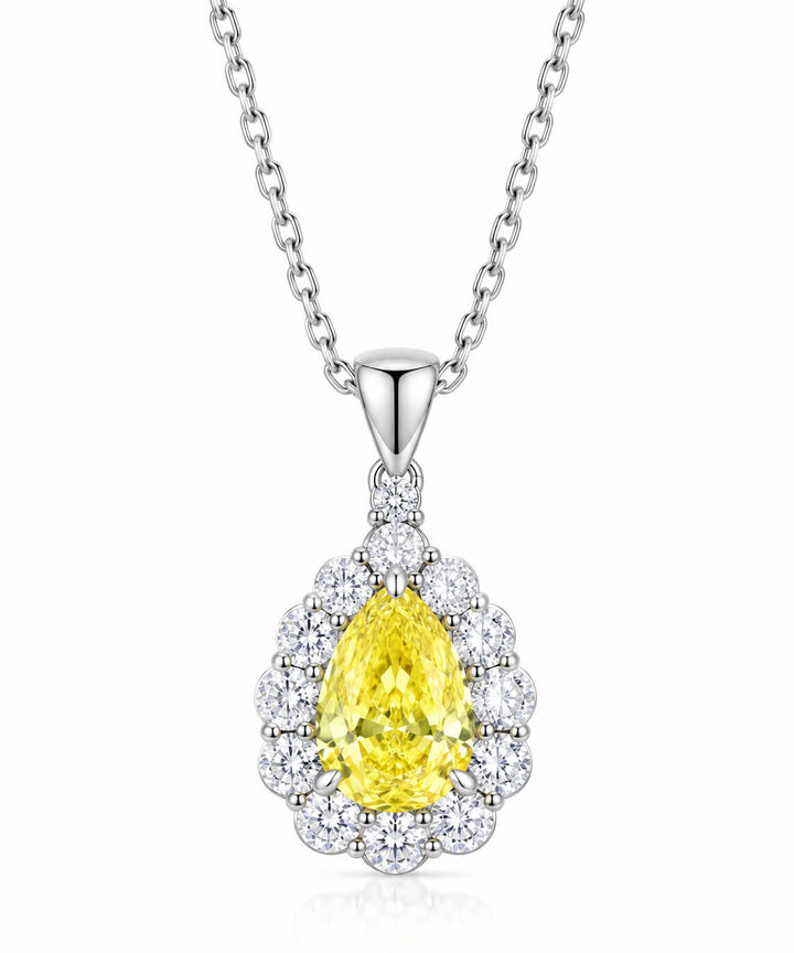 Halo setting pear cut lab grown yellow diamond pendant necklace