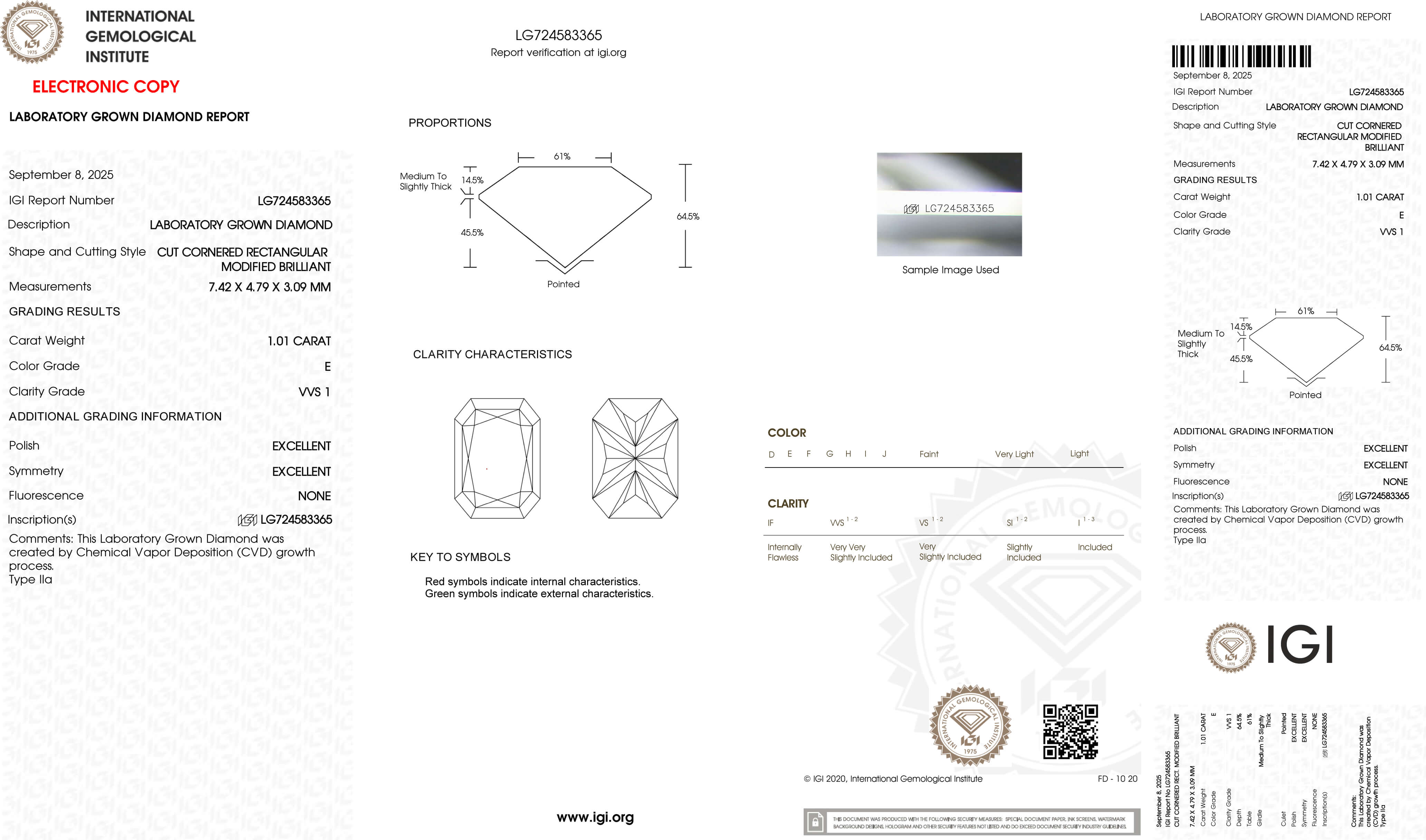 1.01ct E VVS1 Radiant Cut Lab Grown Diamond