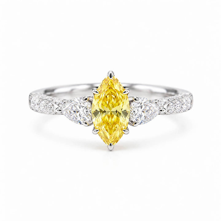 Marquise cut lab grown yellow diamond three stones engagement ring