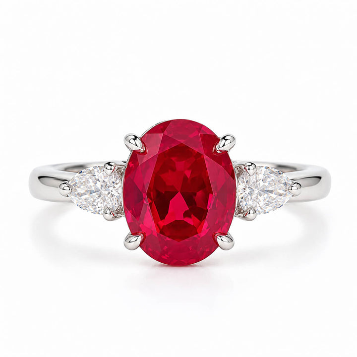 Oval cut lab grown ruby three stones engagement ring