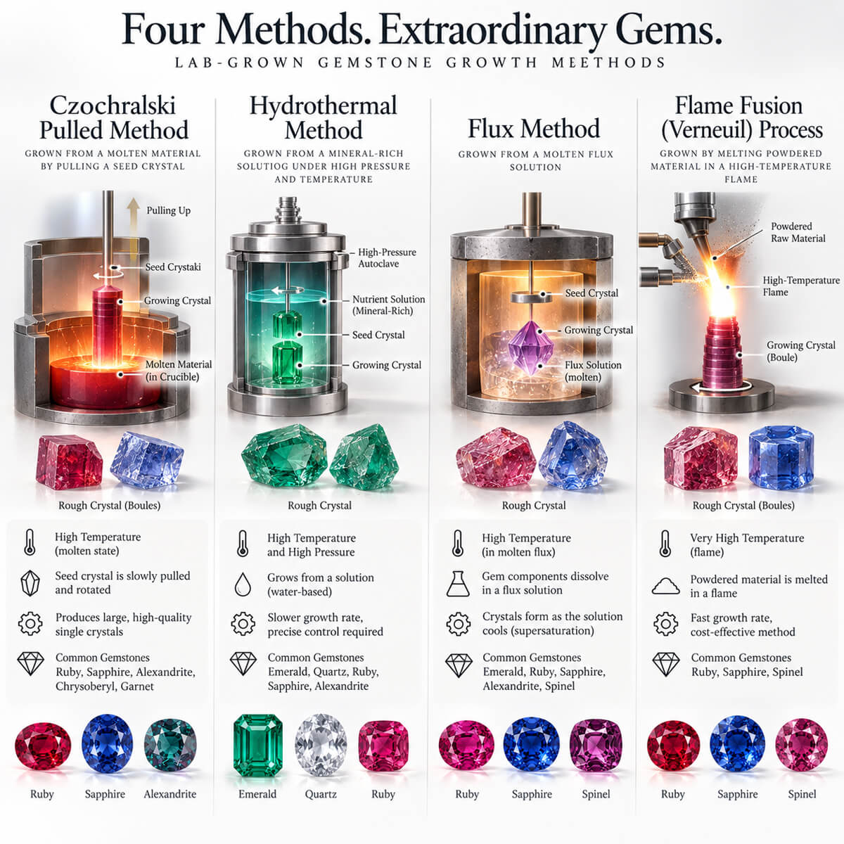 Czochralski vs. Hydrothermal vs. Flux vs. Flame Fusion