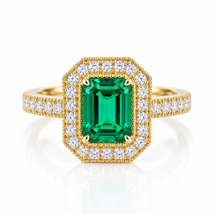 Vintage design lab grown emerald engagement ring