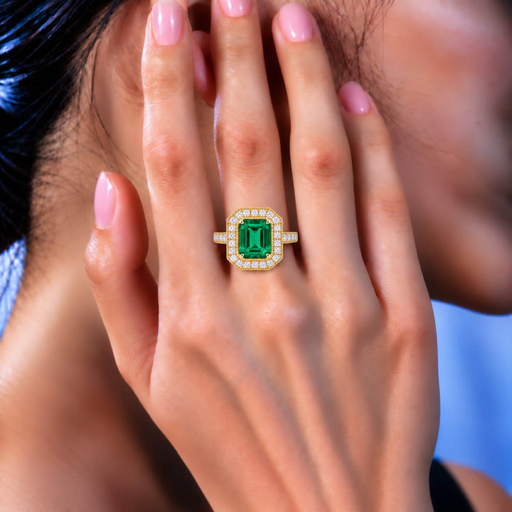 Vintage design lab grown emerald engagement ring
